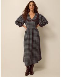 Monsoon - Ruby Collar Check Print Midi Dress Blue - Lyst