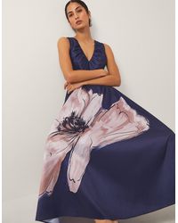 Monsoon - Women's Navy Blue & Pink Floral Print Sylvia V-neck Midi Dress, Size: 18 - Lyst