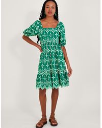 Monsoon - Embroidered Puff Sleeve Short Dress In Sustainable Cotton Green - Lyst