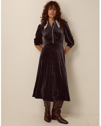 Monsoon - Women's Dark Brown Lace Collar Leith Velvet Midi Dress, Size: M - Lyst