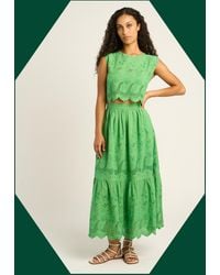 Monsoon - Petite Mendigote Clemence Broderie Tiered Midi Skirt Green - Lyst