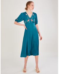 Monsoon - Juliette Embroidered Jacquard Midi Dress In Recycled Polyester Teal - Lyst