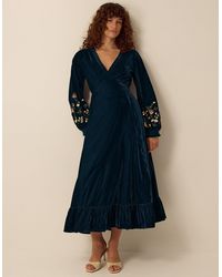 Monsoon - Clemence Constance V-neck Floral Embroidered Velvet Midi Dress Teal - Lyst
