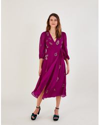 Monsoon - Ava Embellished Wrap Dress In Recycled Polyester Pink - Lyst