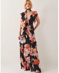Monsoon - Women's Black & Pink Floral Print Carrie Ruffle Chiffon Maxi Dress, Size: 10 - Lyst
