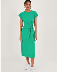 Monsoon - Short Sleeve Side Knot Midi Jersey Dress With Sustainable Cotton Green - Lyst