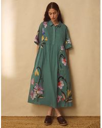 Monsoon - East Rihan Watercolour Floral Midi Shirt Dress Green - Lyst