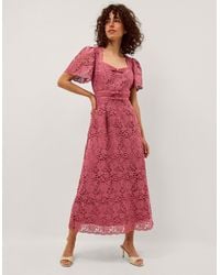 Monsoon - Women's Dark Pink Floral Lace Regina Short Sleeve Midi Dress, Size: 20 - Lyst