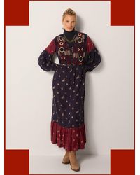 Monsoon - Maison Hotel Ginevra Embroidered Floral Print Midi Dress Blue - Lyst