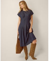 Monsoon - Women's Dark Blue Cotton Pleated Jasmin Denim Midi Dress, Size: 12 - Lyst