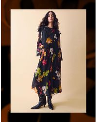 Monsoon - Clemence Women's Black & Pink Floral Print Camille Georgette Midi Dress, Size: S - Lyst