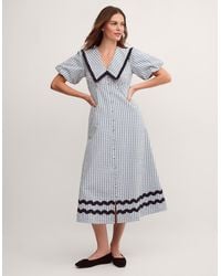 Monsoon - Riley Puff Sleeve Check Print Midi Dress Blue - Lyst