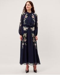 Monsoon - Women's Navy Blue & Pink Floral Embroidered Annika Chiffon Midi Dress, Size: 22 - Lyst
