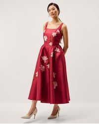 Monsoon - Anya Floral Embroidered Fit & Flare Midi Dress Pink - Lyst