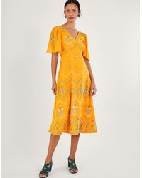Monsoon - Margo Embroidered Tea Dress In Recycled Polyester Yellow - Lyst
