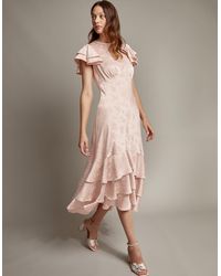 Monsoon - Ester Satin Ruffle Midi Dress Pink - Lyst