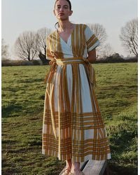 Monsoon - East Alana Hand-woodblock Stripe Dress Yellow - Lyst