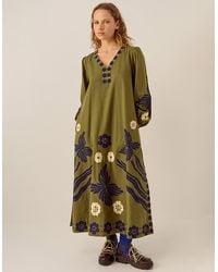 Monsoon - East Bella Embroidered Cotton Twill Dress Green - Lyst