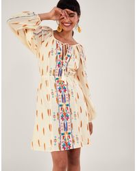Monsoon - Aztec Print And Embroidered Short Dress Ivory - Lyst