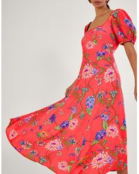 Monsoon - Regina Floral Print Tea Dress With Sustainable Viscose Orange - Lyst
