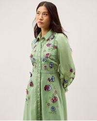 Monsoon - Women's Green & Pink Floral Embroidered Orla Midi Shirt Dress, Size: 8 - Lyst