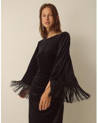 Monsoon - Tara Long Sleeve Fringe Velvet Midi Dress Black - Lyst