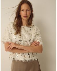 Monsoon - Saskia Short Sleeve Sequin Fringe Top Ivory - Lyst