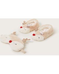 Monsoon - Fluffy Reindeer Slippers And Mask Set Ivory - Lyst