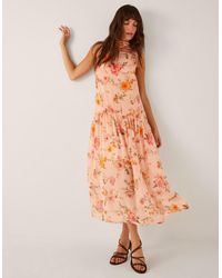 Monsoon - Women's Pink & Orange Floral Print Cassia Midi Dress, Size: Xxl - Lyst