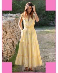 Monsoon - La Galeria Elefante Women's Yellow & Pink Floral Print Midi Dress, Size: S - Lyst