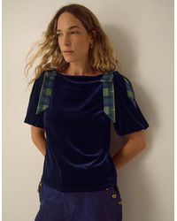 Monsoon - Vittoria Short Sleeve Tartan Bow Velvet Top Blue - Lyst