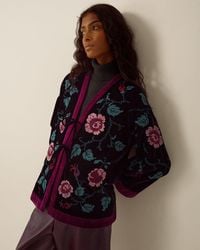 Monsoon - Agnes Floral Cross Stitch Embroidered Velvet Kimono Jacket Black - Lyst