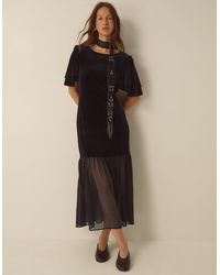 Monsoon - Vixie Flutter Sleeve Velvet Chiffon Midi Dress Black - Lyst