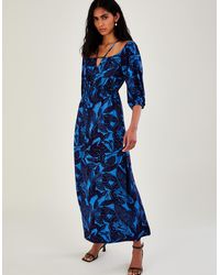 Monsoon - Bardot Leaf Print Jersey Maxi Dress Blue - Lyst
