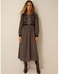 Monsoon - Elise Embroidered Check Print Midi Dress Black - Lyst