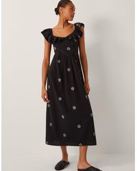 Monsoon - Women's Black & White Cotton Floral Embroidered Daisy Frill Midi Dress, Size: Xl - Lyst