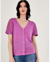 Monsoon - Button Through Lace Linen T-shirt Purple - Lyst