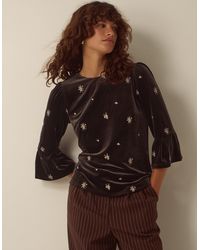 Monsoon - Emilee Flute Sleeve Embroidered Velvet Top Brown - Lyst