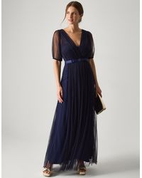 Monsoon - Women's Navy Blue Elegant Ellie Sheer Sleeve Plunge Tulle Maxi Dress, Size: 12 - Lyst