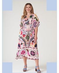 Monsoon - One Hundred Stars Susani Print String Midi Dress Pink - Lyst