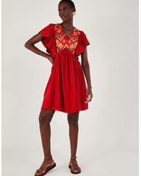 Monsoon - Embroidered Ruffle Sleeve Jersey Dress Red - Lyst