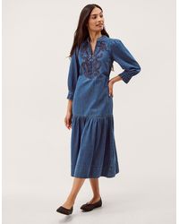 Monsoon - Melissa Embroidered Denim Midi Dress Blue - Lyst