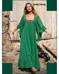 Monsoon - La Galeria Elefante Silver Embroidered Square Neck Maxi Dress Green - Lyst