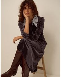 Monsoon - Leith Lace Collar Velvet Midi Dress Brown - Lyst