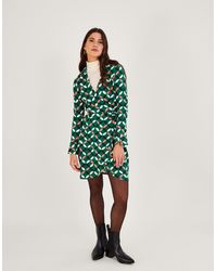 Monsoon - Geometric Print Wrap Tie Side Jersey Dress Green - Lyst