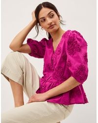 Monsoon - Tammy Puff Sleeve Embroidered Top Pink - Lyst