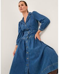 Monsoon - Tamsin Button Denim Midi Dress Blue - Lyst