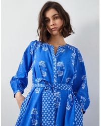 Monsoon - East Amber Hand-screen Floral Print Midi Dress Blue - Lyst