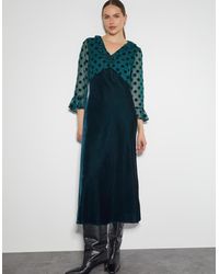 Monsoon - Dora Polka Dot Velvet Midi Dress Teal - Lyst
