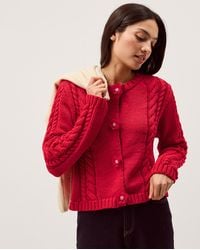 Monsoon - Kelly Flower Button Cable Knit Cardigan Red - Lyst